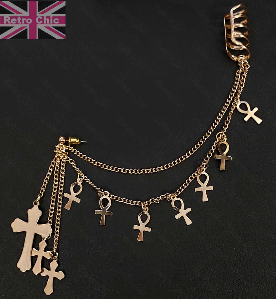 PENDIENTE OREJA BRAZALETE CRUZ CRUCES DORADAS GÓTICO PUNK OREJA CADENA LARGA GÓTICA