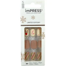 NEW Kiss Nails Impress Press On Manicure Short Matte Red Nose Reindeer Christmas