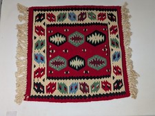 SPACE INVADERS! 15½" x 19" Hand Woven Table Rug BOHEMIAN Turkish Kilim VINTAGE