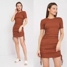 Zara Dress Large Chestnut Brown Rib Knit Ruched Sides Stretch T Shirt Bodycon
