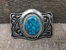 Vintage Southwestern Horseshoe Silver Tone & Turquoise Belt Buckle 13A