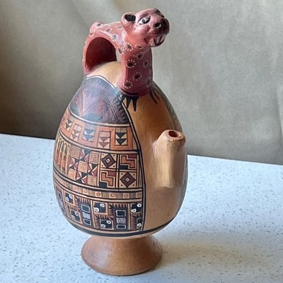 Signed Norma Cuno Ceramic Cadogan Puzzle Jug Huaco Moche Figure Peru Handmade