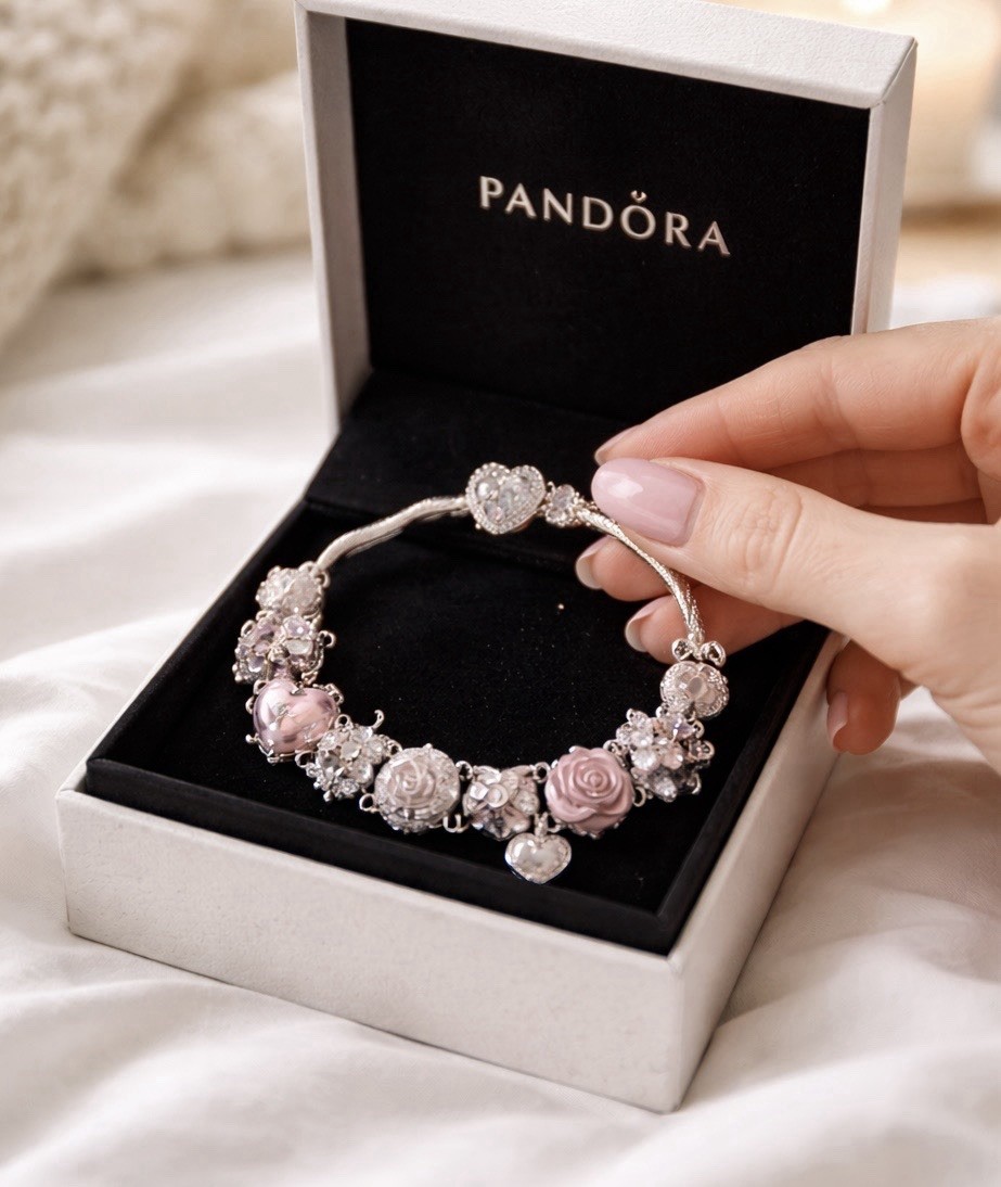 Pandora Sterling Silver Charm Bracelet Flowers Hearts Pink Silver