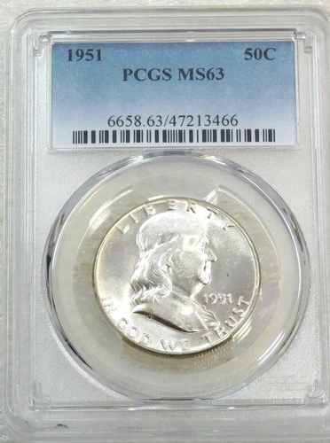 1951 P Franklin Half Dollar PCGS MS63 95% FBL Frosty White PQ New Holder #Y279B