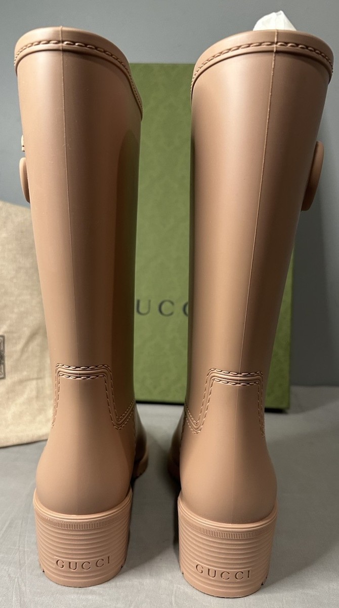 Gucci Double G Rubber Rain Boots Camel Women's Sz 41 (US 11