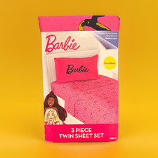 Barbie Twin 3pc Microfiber Sheet Set Pink Barbie Chevron w/ Pillowcase