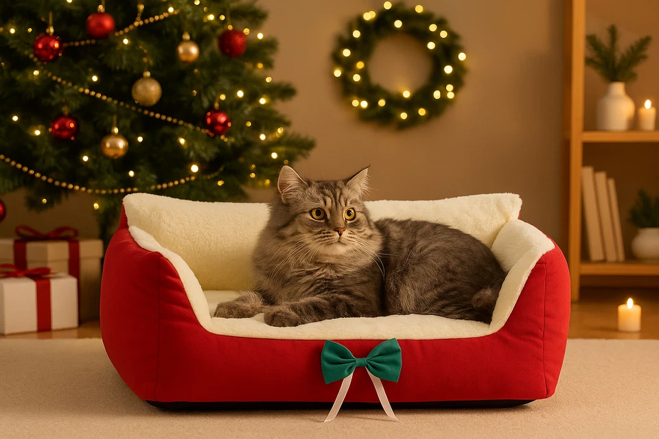 Cama Navidad Mascota 60×40×30 cm - Sofá Papá Noel Rojo Felpa Perro y Gato | Acogedor Vacaciones Foto 2 de 3