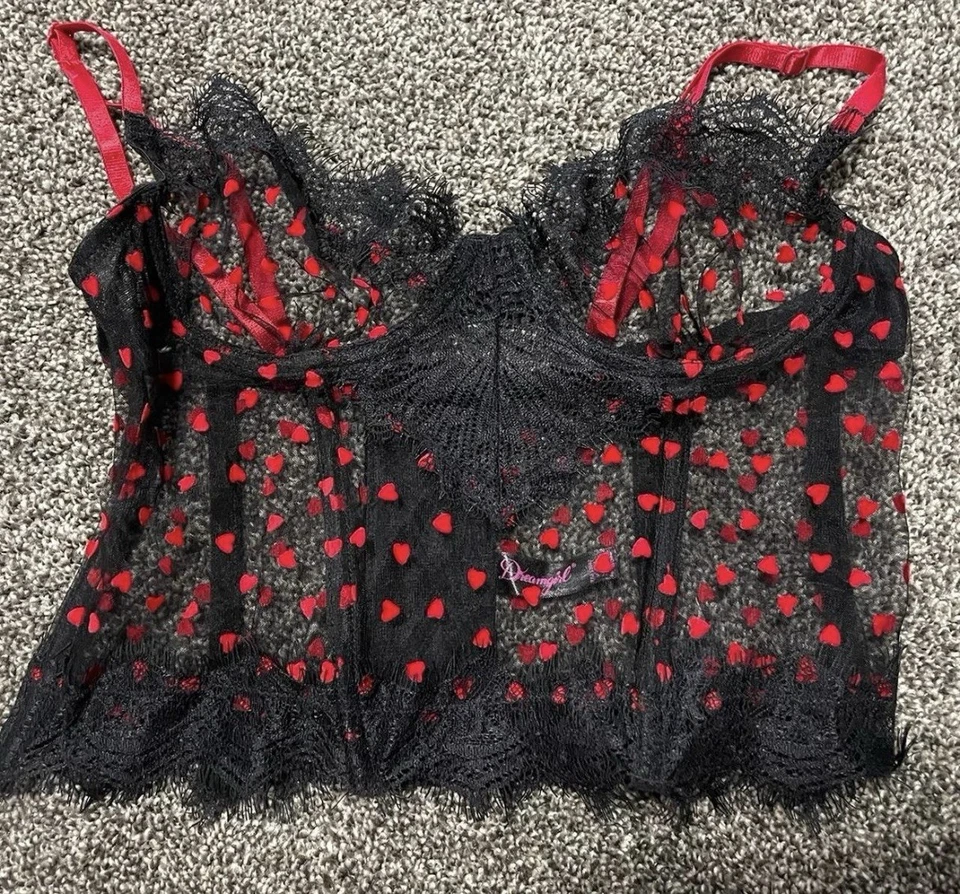 Sexy Dreamgirl Black Lace W/ Red Hearts Corset Style 12662 Size Large Foto 2 de 4