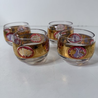 Vintage Cera Barware Bountiful Fruit Gold Trim Roly Poly Glasses MCM Set 4 READ