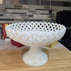 Vintage Fenton Milk Glass Pedestal Compote – Lattice Edge Open Weave 9.5" Bowl