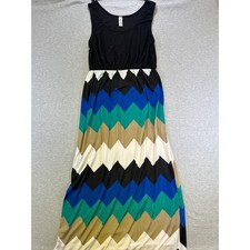 Womens Large Black Chevron Maxi Dress Sleeveless D1276 USA Made.