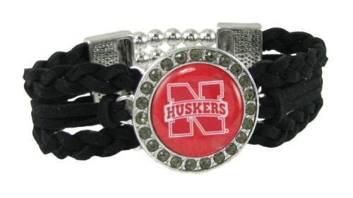 Nebraska Cornhuskers Multi Braided Black Leather Crystal Bracelet Jewelry NU Red - Afbeelding 1 van 1