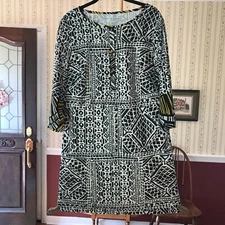 Trina Turk Shift Dress Black White 100% Cotton Lined 3/4 Sleeve Size 8