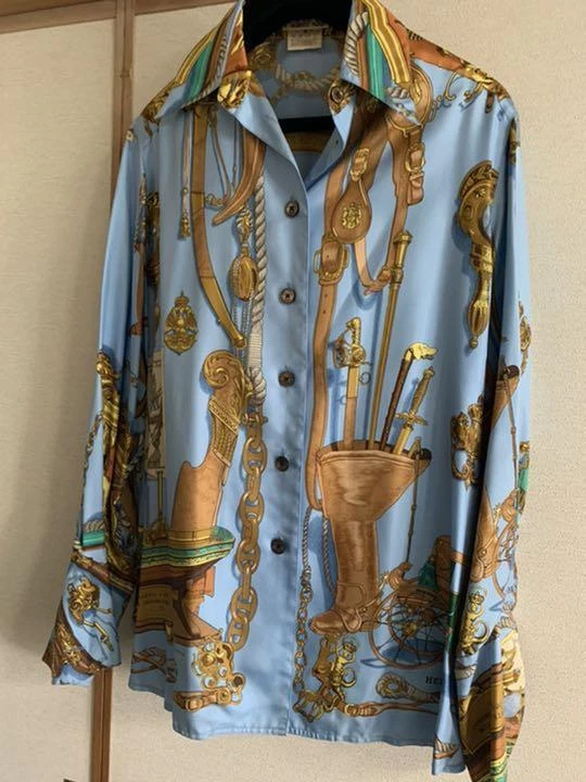 Hermes Paris Silk Scarf Print Shirt Long Sleeves Blouse Blue Ladies Size S  36