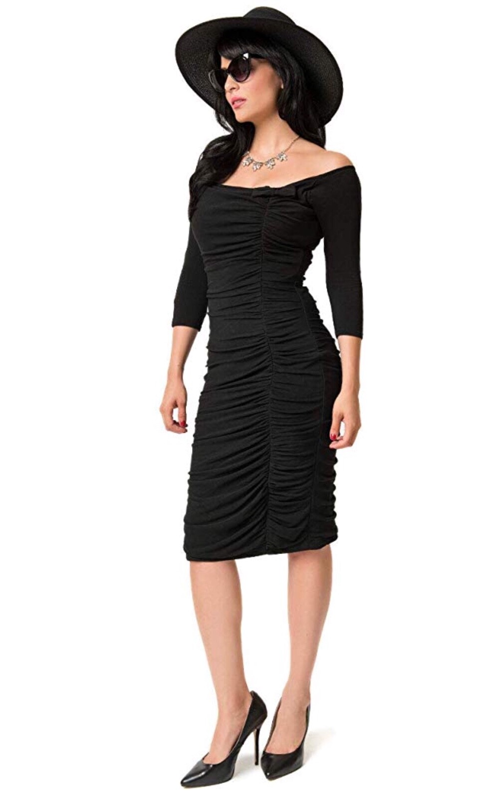 Unique Vintage Womens Off Shoulder Ruched Calvet Sleeve Wiggle Dress Black SML