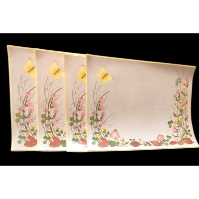 Lot of 4 Vintage Plastic Vinyl PLACEMATS Yellow Mushrooms Butterfly Wildflowers
