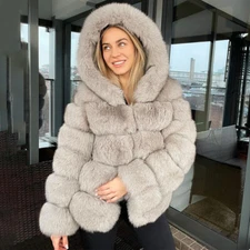 Womens Fashion Real Fox Fur Winter Coat Hooded Overcoat Warm Natural Fur Jacket