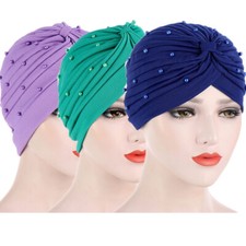 3pcs Stretch Women Beads Beanie Chemo Cap Muslim Islamic Head Wrap Turban Cover