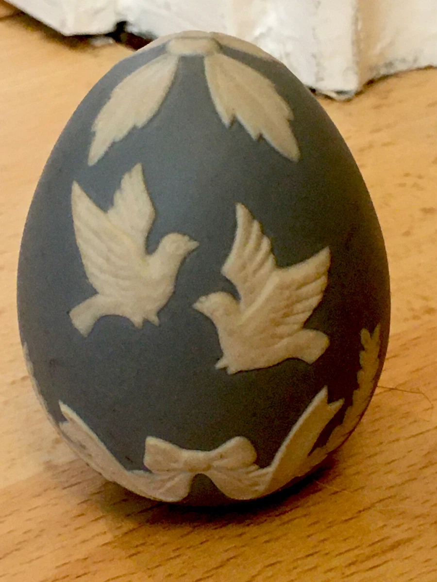 Wedgwood Style Cupid and Loving Doves Art Egg White On Pale Blue Jasper 2”