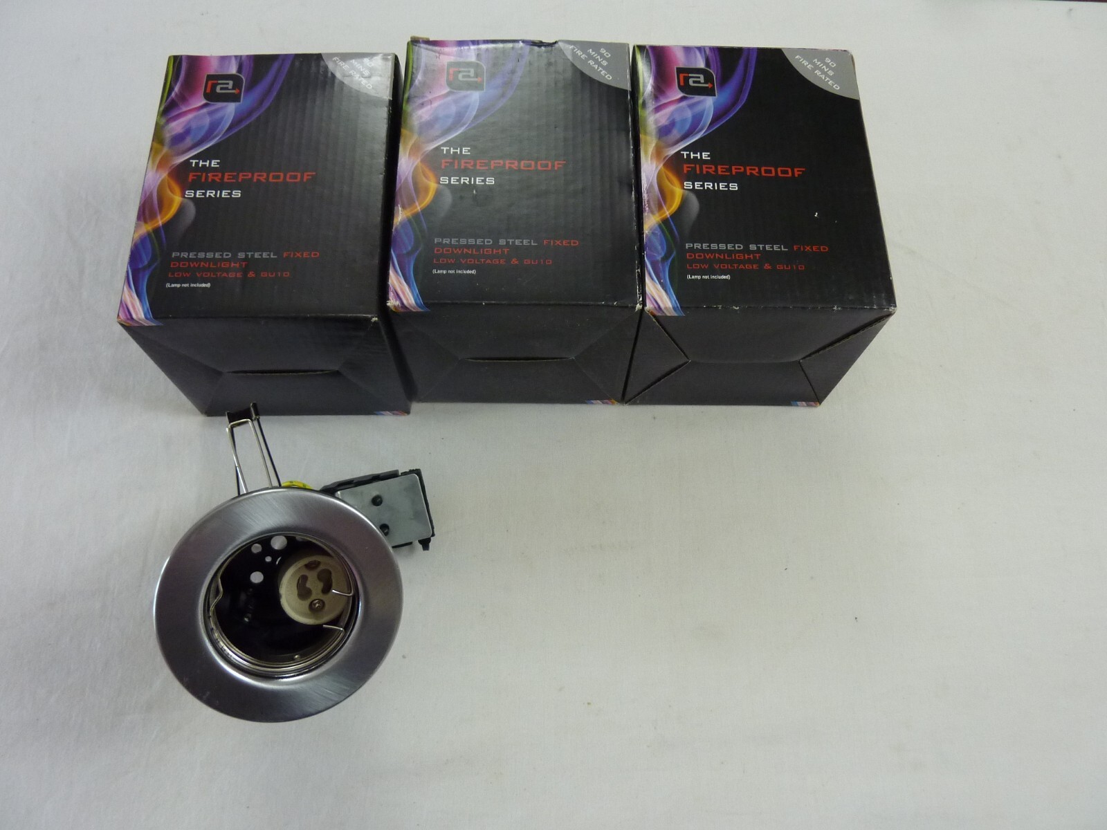 3 x Fire Rated Fixed 240v Downlights Satin Chrome GU10 FGFS-1