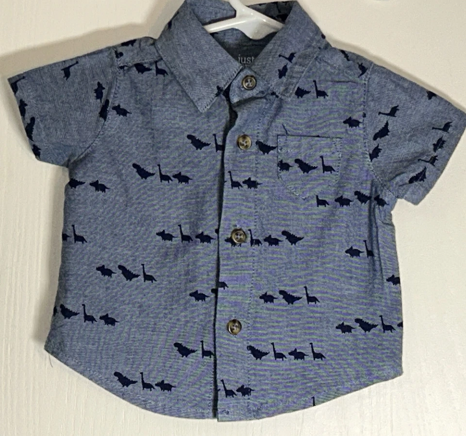 Just One You Baby Boy NB Top Short Sleeve Button Down Blue w/ Dinosaurs Pocket - Image 2 of 4