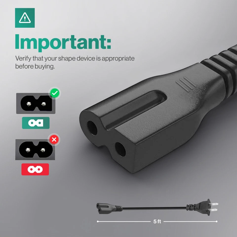 2 Prong Power Cord Polarized 5Ft Cable For Vizio Tv D/E/M Series, Sewing Machine - Image 2 of 4