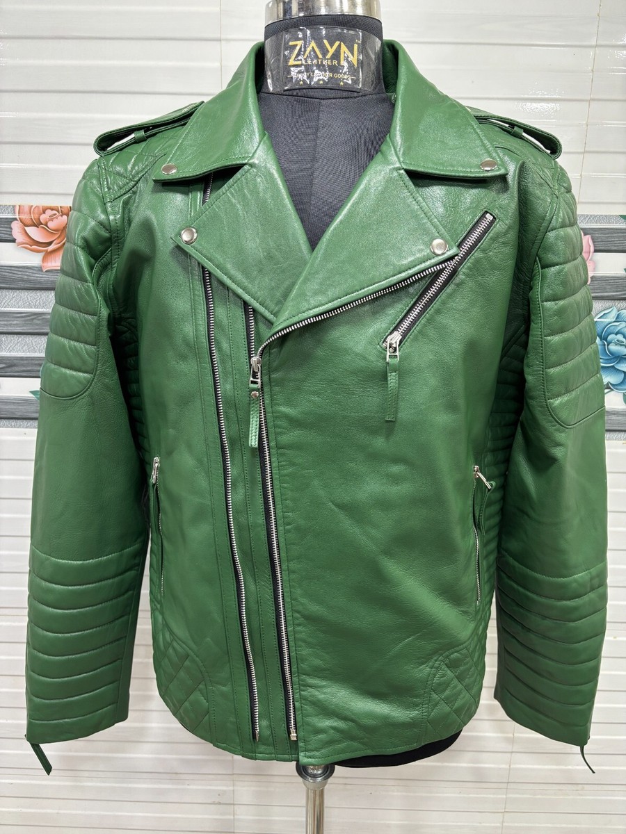 Men's Genuine Leather Handmade Green Jacket Soft Lambskin Quilted