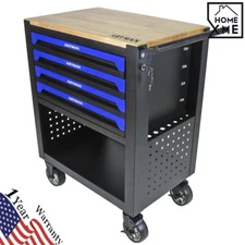 4-Drawer Multifunctional Tool Cart w/ Wheel & Adjustable Shelf Wooden Top Blue