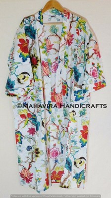 Women Pure Cotton Floral Rose Print White Night Gown Sleepwear Boho Kimono Robe