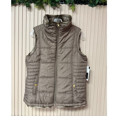 KC Collections Women s Medium Taupe Reversible Vest Quilted Faux Fur Full Zip