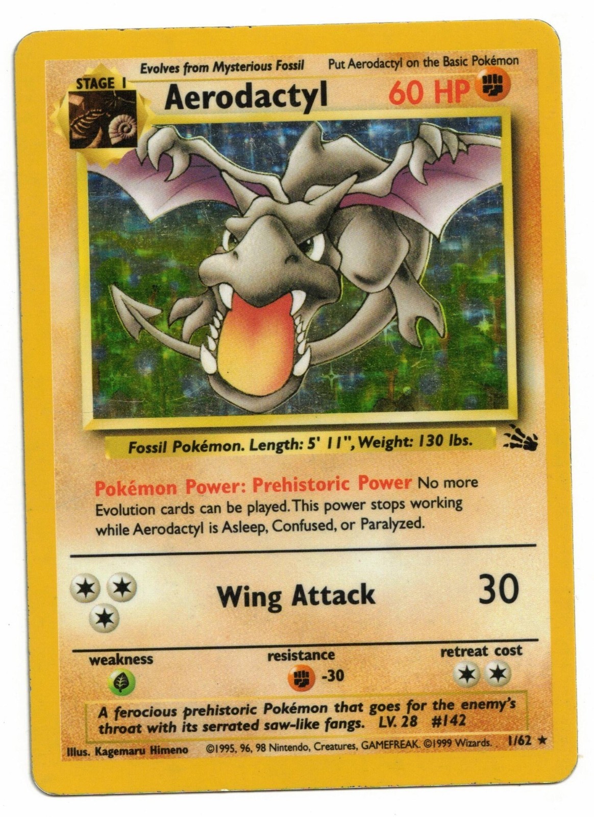 Pokemon Card: Aerodactyl HOLO 1/62 Fossil Set Rare! EX