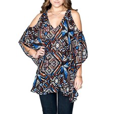 Show Me Your Mumu Womens Red/Blue Geometric Peta Boo Cold Shoulder Tunic Size S