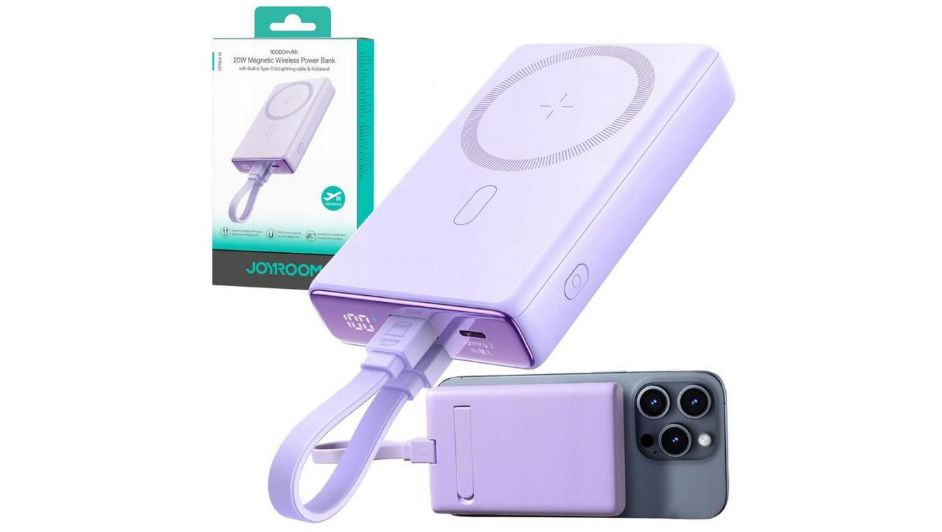 Внешний аккумулятор Joyroom JR-PBM01 10000 мАч 20 Вт 1x USB-C 2x Lightning fioletowy кабель 14090₽