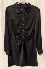 GAP Women’s Satin Ruched Mini Shirt Dress Medium Long Sleeve Black Minimalist