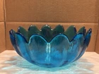 Vintage Blenko Glass Blue Salad Fruit Centerpiece Petal Lotus Bowl 10” Textured
