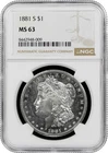 1881-S Morgan Silver Dollar NGC MS63 $1 Brilliant Uncirculated