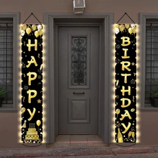 Black Gold Happy Birthday Banner with LED Lights Party Porch Door Decorations