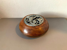 Exotic wood Pot Pourri holder with metallic bird design lid. Made in Taiwan