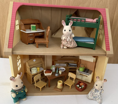 Sylvanian Rose Cottage Furnished with Three Rabbits Figures Furniture