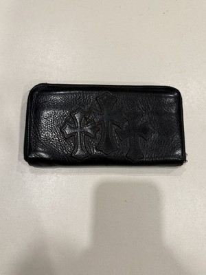 Chrome Hearts 3 Cemetery Cross Black Destroy Leather Zip Wallet