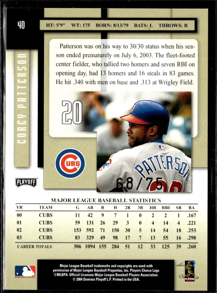 2004 Playoff Prestige #40 Corey Patterson Xtra Bases /75 - Image 2 of 2