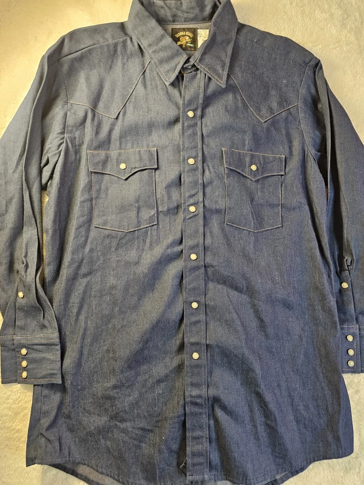 Camisa Western Vintage Key Saddle King Talla 17 Denim Perla A Presión Para Hombre Hecha en EE. UU. Foto 2 de 4