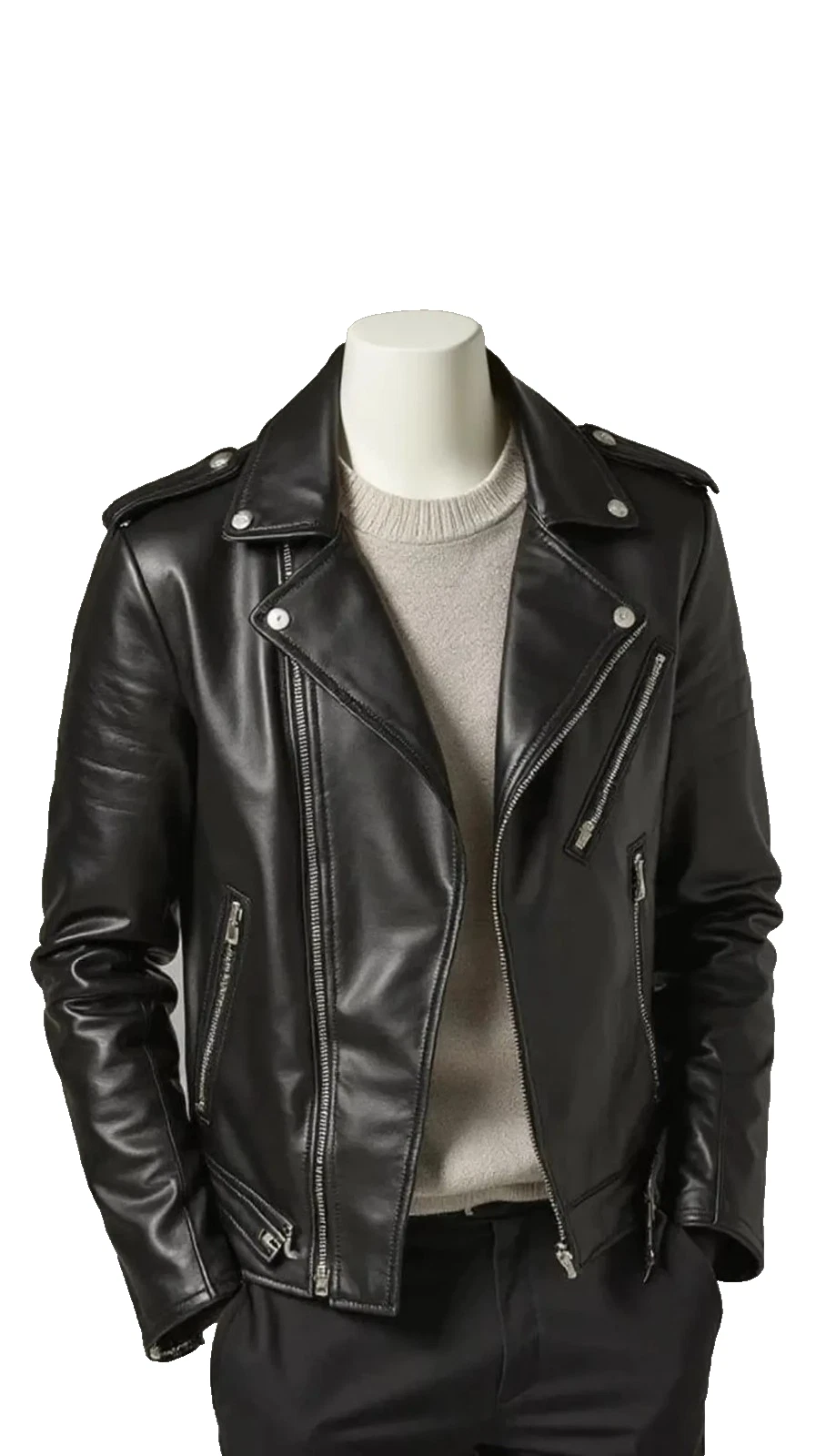 Men's Black Leather Biker Jacket: Handmade Moto Style image 4