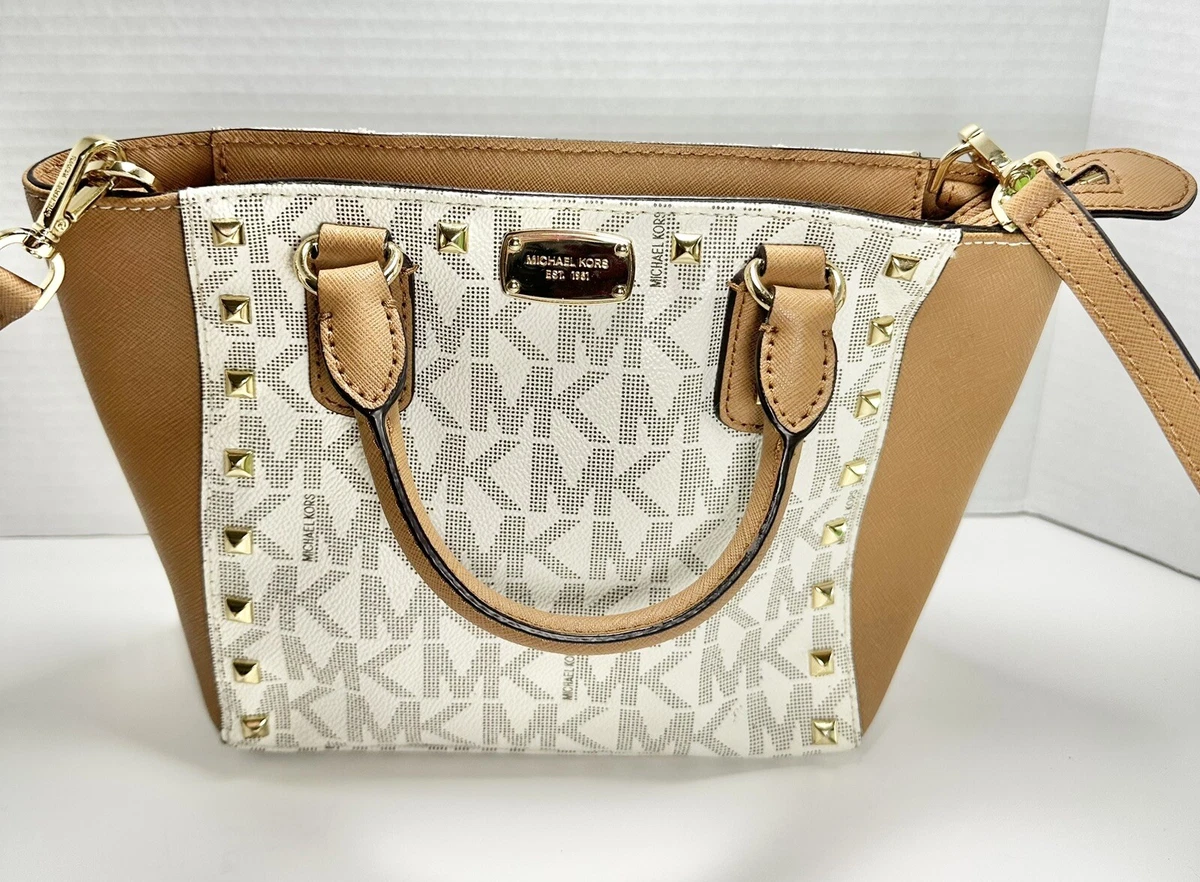 Michael Kors Sandrine Stud Small Khaki Vanilla Acorn Studded Purse Crossbody Bag