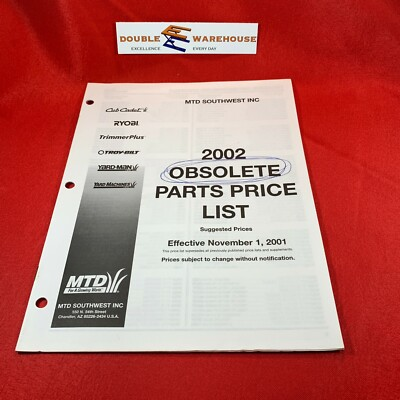 #ad Ryobi MTD 2002 Obsolete Parts Price List November 1 2001 $14.99