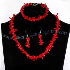 Juego de pendientes collar pulsera cuentas gemas astillas coral rojo irregular natural de 3-10 mm