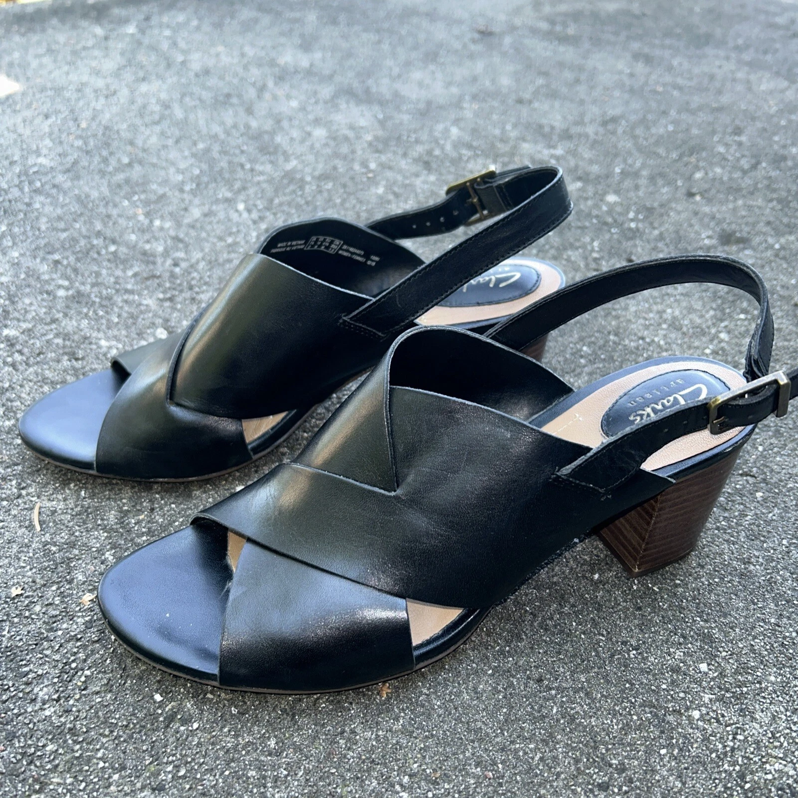 Sandali artigianali Clarks donna 10 M pelle nera tacco a blocco slingback #13285