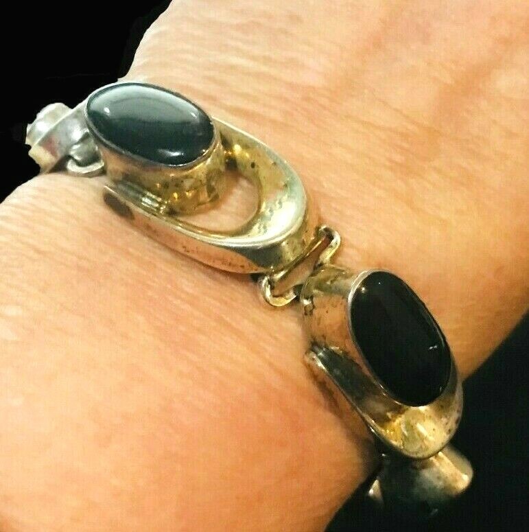 Sterling Silver Beautiful Onyx Solid Link Bracelet - image 2