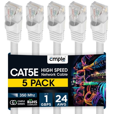 5 Pack Cat5e Patch Cable 1.5-15ft Premium Ethernet Cord for Home & Office White