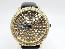 Strada Prisim Gem Quartz Watch Women New Battery Gold Tone Rhinestone Bezel 43mm